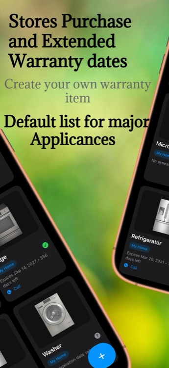 Warro appliance cards showing warranty expiration countdowns and quick-dial call buttons for a range, refrigerator, and washer.